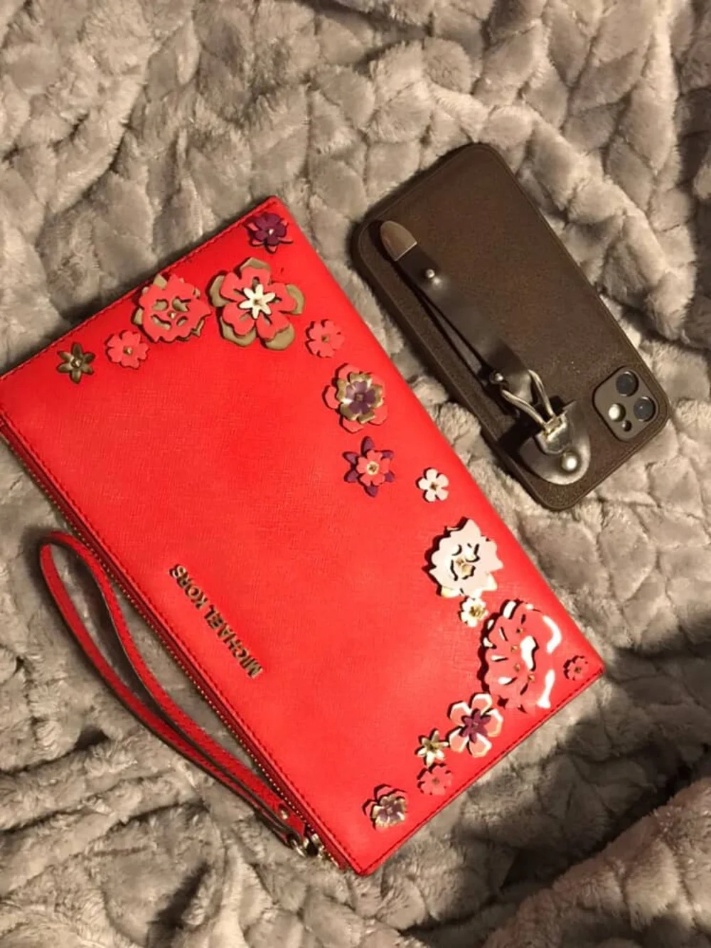 SOLD Michael Kors Red Saffiano Leather 3D Floral Wristlet Clutch
